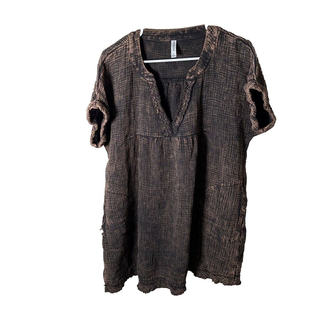 Zenana Dress Women's Large Brown Gauze Sheath Short Sleeve V-Neck Boho